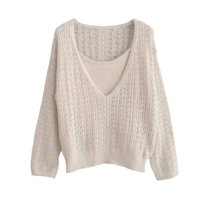 Women's Spring V-Neck Mohair Knit Top & Camisole Set - Casual Hollow Design, Long Hair Texture, Perfect for Autumn