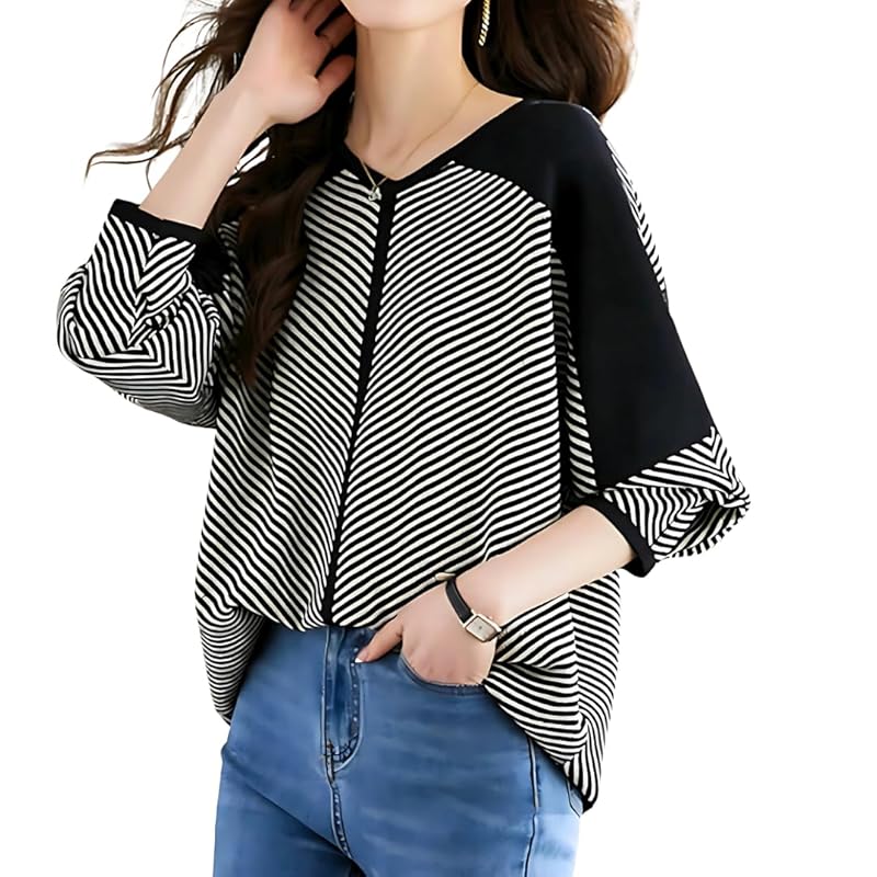 

[UQQA] loose silhouette spring knit ladies diagonal stripes off shoulder pullover v neck 40s 60s sweater Clothes that make you look thinner