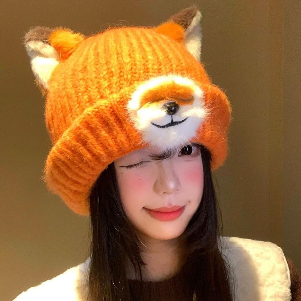 Cartoon Design Pullover Hats Thickened Winter Beanies Y2K Fox Ears Beanies  for Women and Men