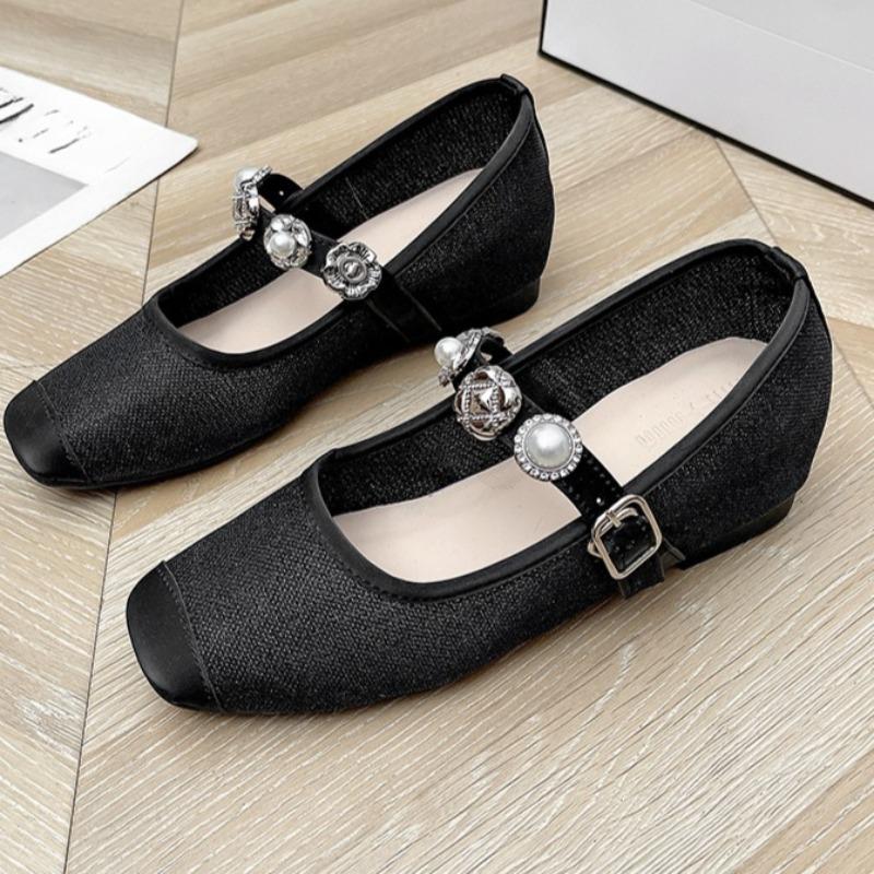 

Модные новые летние балетки с квадратным носком, мелким вырезом, тканевые, с кристаллами, металлической пряжкой, мягкой подошвой и низким верхом 40