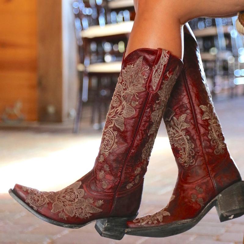 Fashion Western Style Women's Pointed Large Embroidered Rose High Heels Vintage Old Women's Boots High Barrel Western Boots