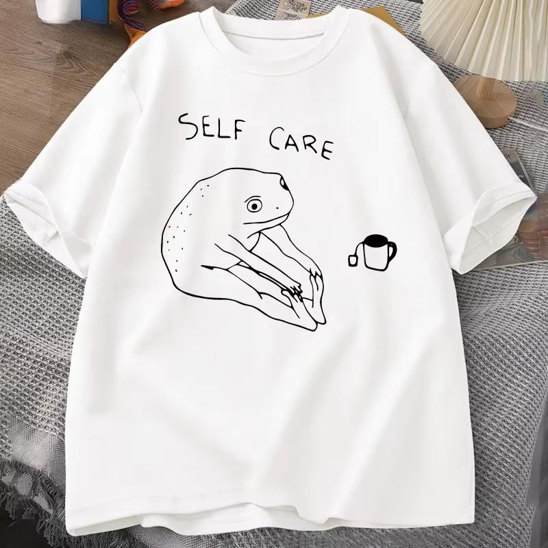 Fun Frog Self Care Vintage Cottagecore Frog Print Fashion T-Shirt Women Summer Round Neck Short Sleeve T-Shirt Streetwear