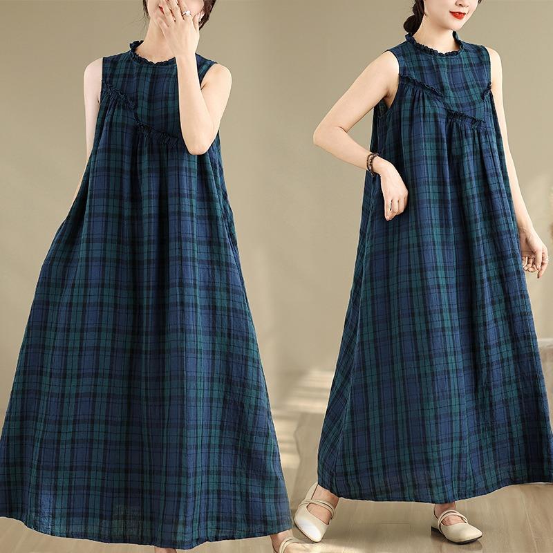 Real Shot Summer New Cotton and Linen Large Size Plaid Vest Skirt Chest Splicing Fungus Edge Sleeveless Dress