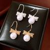 Wedding Bride Bow Pearl Long Earrings Simulation Freshwater Pearl Ear Hook Drop Earrings  Female