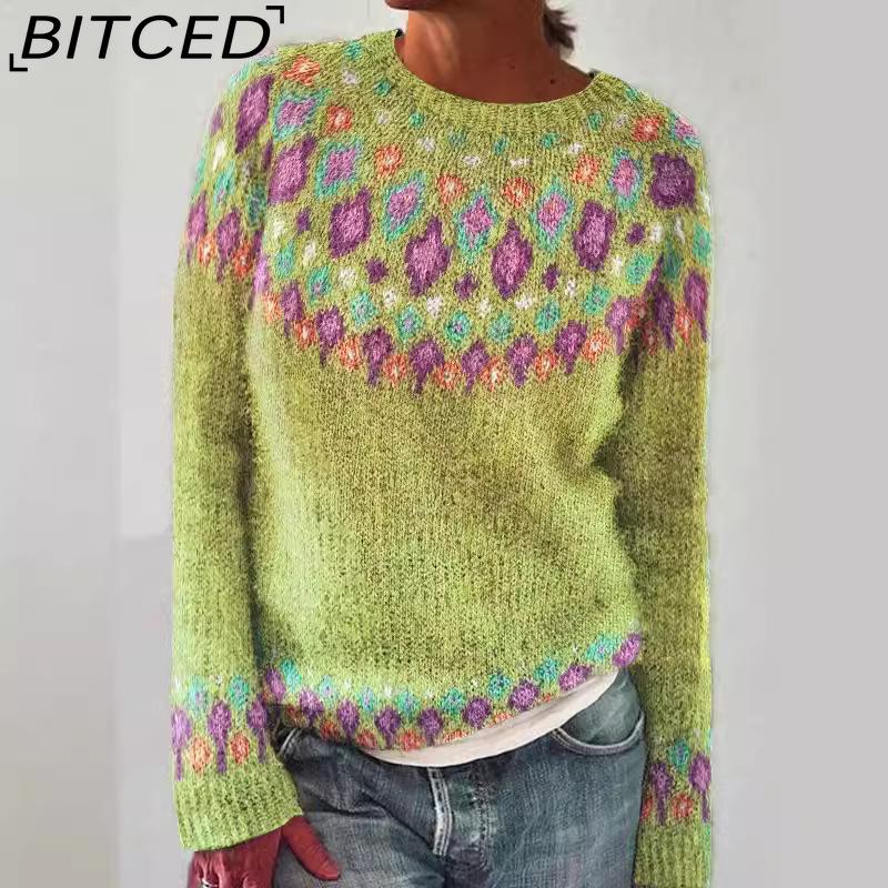 BITCED Women's Sweater - O-Neck Color-Blocked Oversized Fashion Pullover Knit