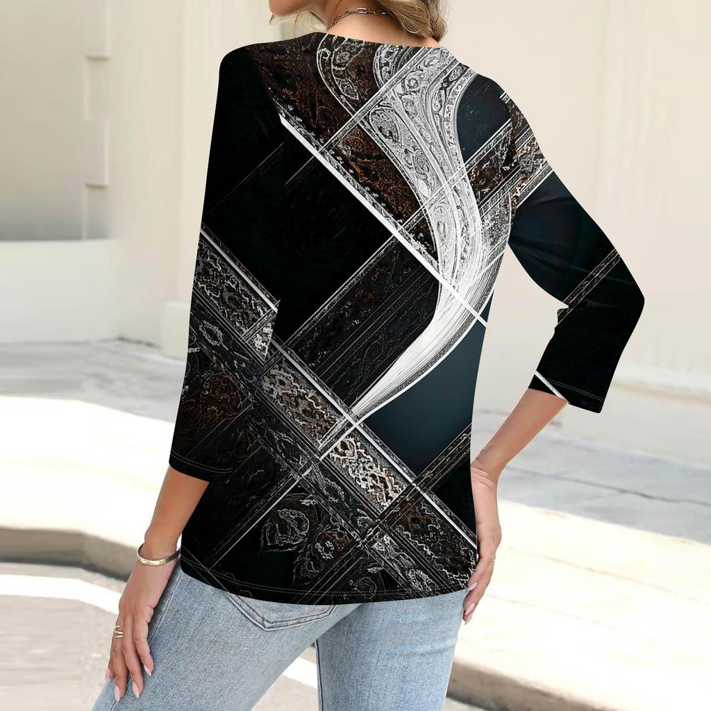 Women's Fashion Casual Print Button-down Shirt 3/4 Long Sleeve Tops