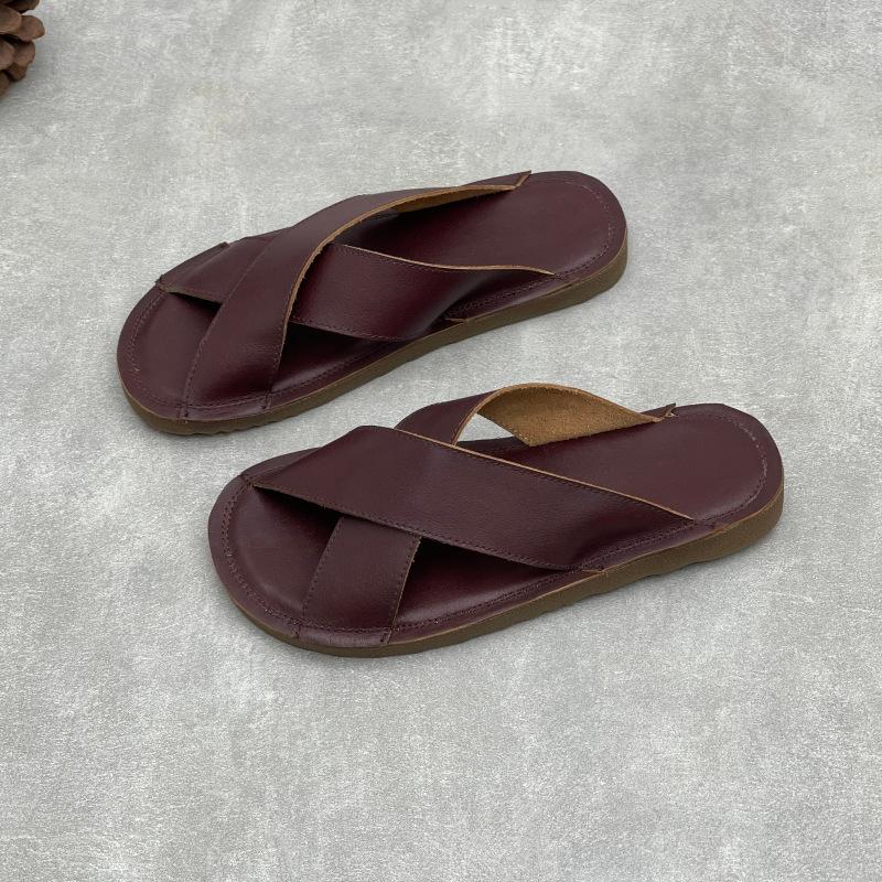 Johnature Handmade Genuine Leather Flat Slippers Soft Cowhide Soft Sole Comfortable Women's Outdoor Slides
