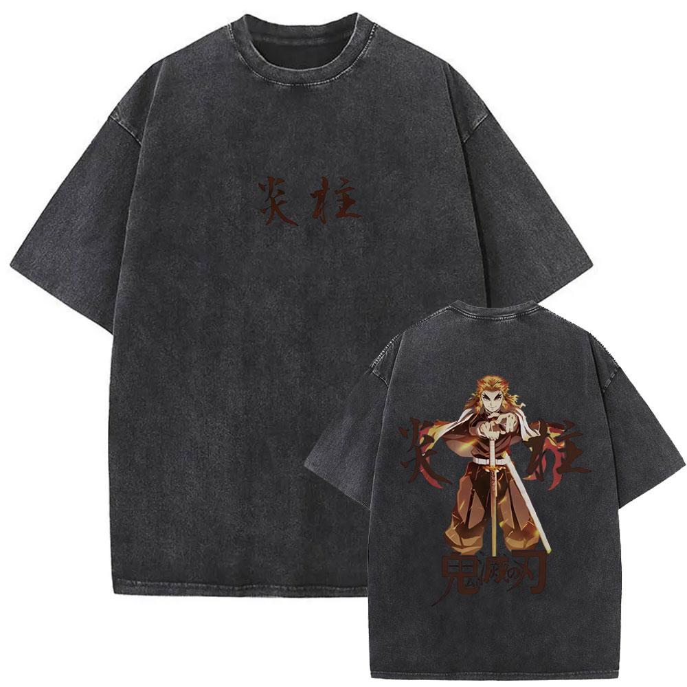 Washed Vintage Anime Demon Slayer Kokushibo & Tsugikuni Yoriichi Graphic T-shirts Men Women Cartoon Oversized T Shirts