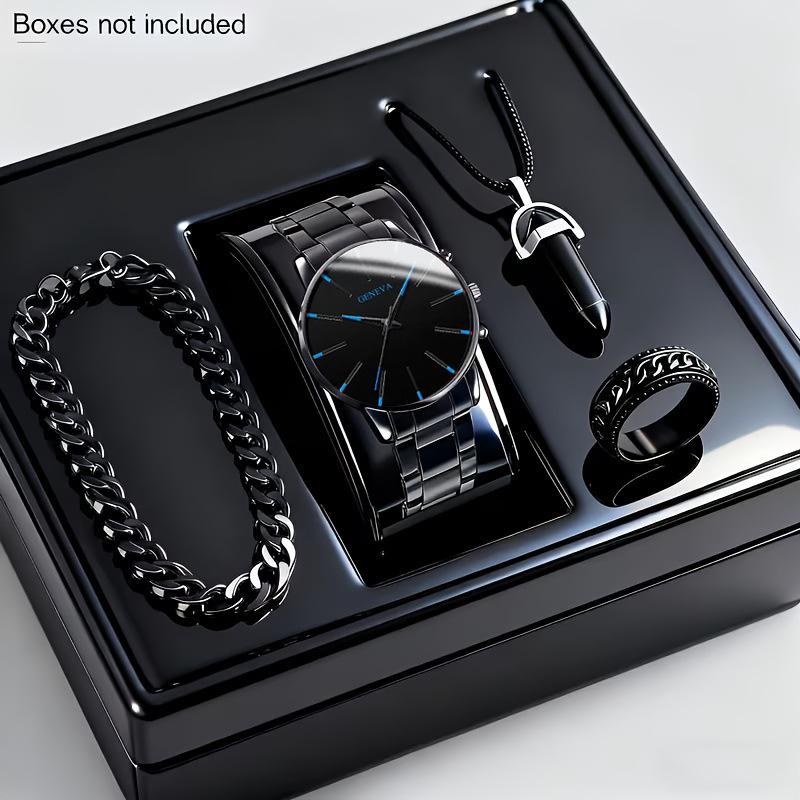 4-Piece Cuban Chain Business Fashion Men'S Steel Belt Simple Scale Quartz Watch Bullet Necklace Set