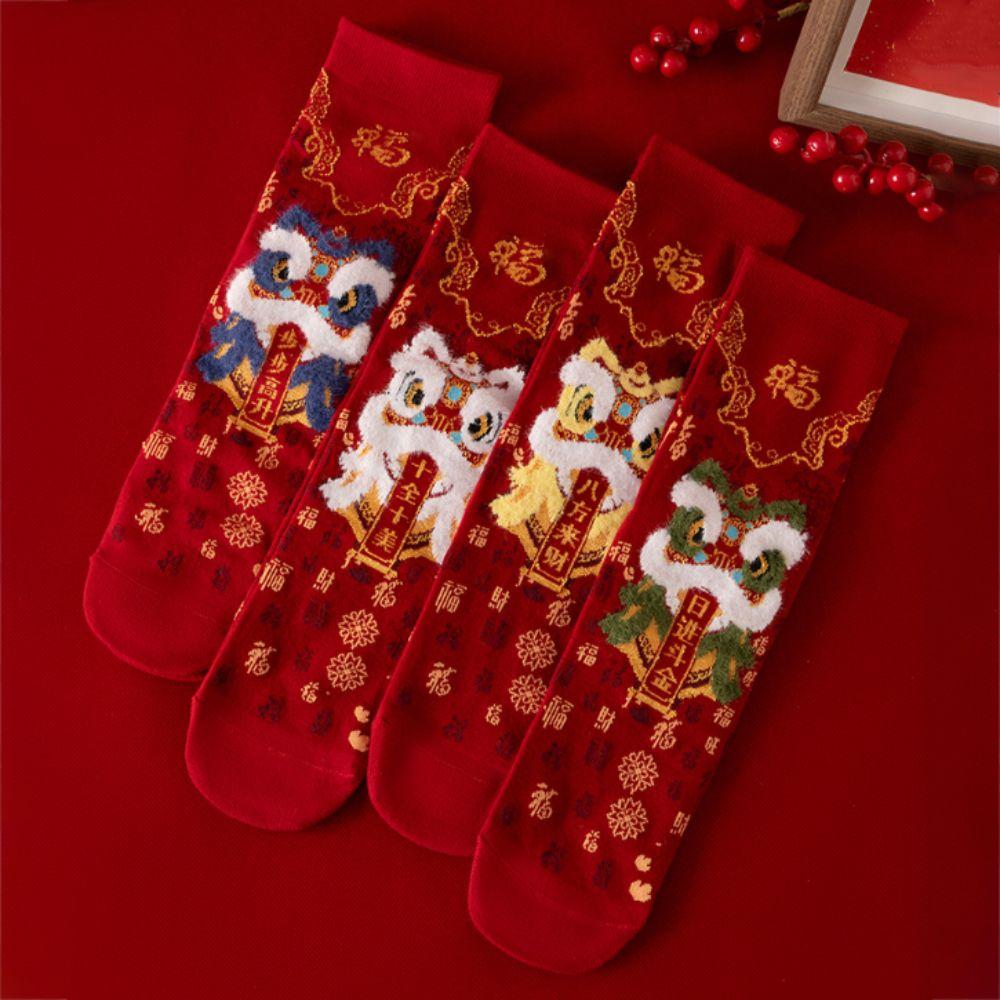 Plush New Year Red Socks Cotton Good Luck Socks Casual Lion Dance Red Socks Gifts