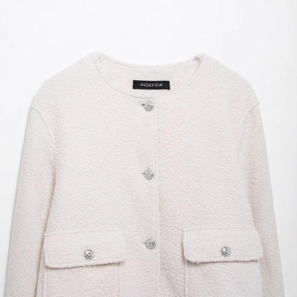 2025 Spring Women's Double-Breasted Beaded Pique Jacket: European/American Style Round Neck, Long Sleeve