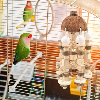 Yousheng Parrot Chew Toy Coconut Shell Hanging Toy Natural Wooden Blocks Parrot Cage Bite Toy Bird Supplies