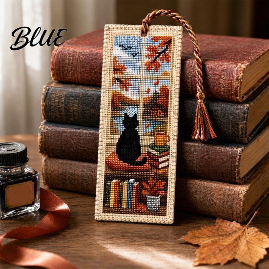 Cross-stitch Bookmark Seasonal Cat Cross-Stitch Bookmark Four Seasons Black with Artistic Braided Rope Handcrafted Book Page Marker for Lovers