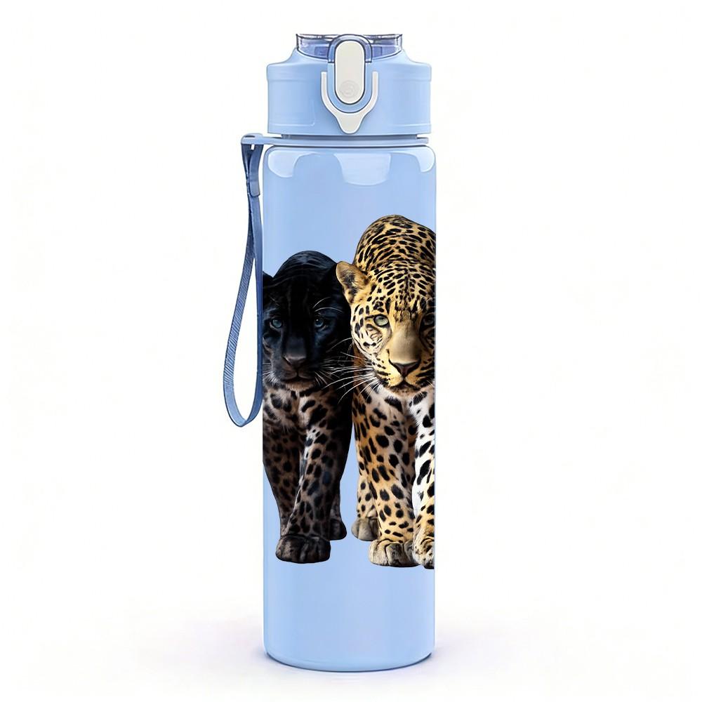 1PC Black Leopard Cat Standing Animal Print 750ml Color Plastic Sports Water Bottle Leakproof Flip Straw Lid Suitable for Sports Office Home Use