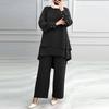 Women 2 Piece Outfit Long Sleeve Double Layer Blouse Wide Leg Pants Set Elegant Muslim Abaya Suit Casual Solid Modest Clothing For Middle East