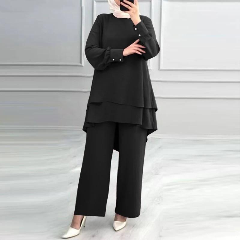 Women 2 Piece Outfit Long Sleeve Double Layer Blouse Wide Leg Pants Set Elegant Muslim Abaya Suit Casual Solid Modest Clothing For Middle East