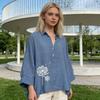 Women Shirt Lapel Buttons Half Placket Batwing Long Sleeve Shirt Tops Loose Fit A-Line Dandelion Print Casual