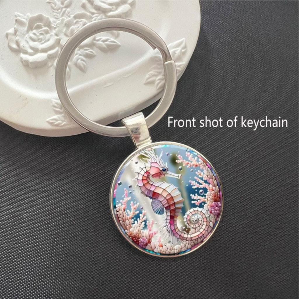 Round Alloy Keychain Pendant with Artistic Seahorse Print Metal Key Ring for Bags Backpacks Luggage and Keys Accessories