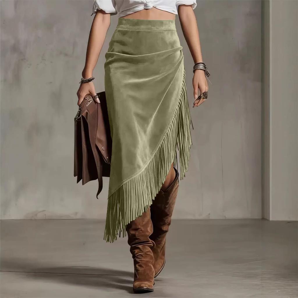 Solid Color Faux Suede Fringe Skirt Women'S High Waist Asymmetrical Western Boho Skirt