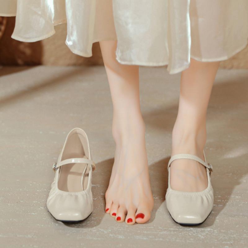Korean Grandma Shoes Niche Wrinkled Square Toe Women's Shoes Thick Heel Mary Jane Shoes Casual Shallow Mouth Single Shoes