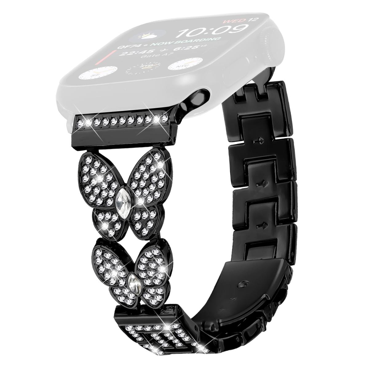 

Watch Band For Apple Watch Series 10 Ultra 9 8 7 SE 6 5 4 3 2 1 46mm 49mm 45mm 44mm 42mm Butterfly Rhinestones Decor Alloy Metal Strap Black