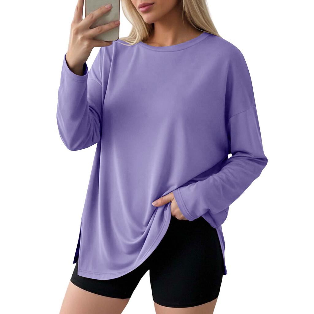 Women Casual Loose Fit Long Sleeve T Shirt Split Hem Crew Neck Plain Pullover Top Lightweight Comfortable Fabric