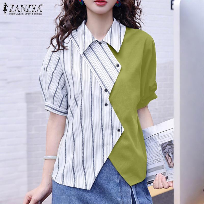 ZANZEA Women Casual Turn Down Collar Summer Short Sleeve Stripe Blouse