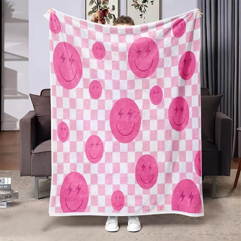 Pink Plaid Smile Face Flannel Blanket, Soft And Comfortable Blanket For Family And Friends, Suitable For Sofa Bed Throw Blanket 75X95CM