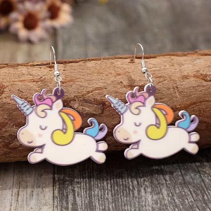Cross-border unicorn earrings creative Year of the Horse trend versatile 2D flat acrylic cute color pony earrings