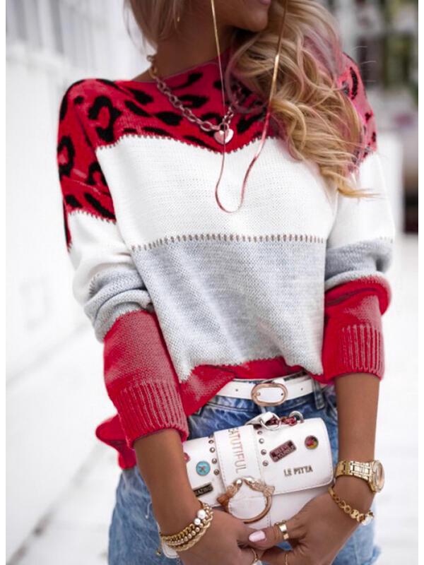 Women's Color Block Leopard Print Pullover: Long-Sleeved Casual Sweater for Autumn & Spring