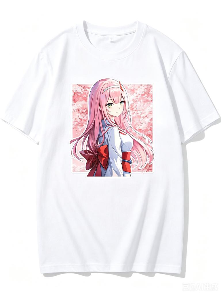2026 New Unisex Crew Neck Casual Short Sleeve TShirt With Kimono Zero Two Cherry Blossom Square Frame Anime Print TShirt