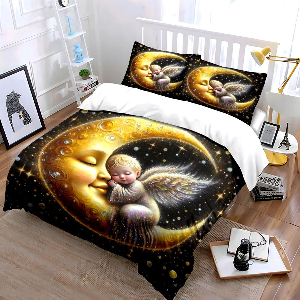 Angel Embracing Golden Crescent Printed Duvet Cover Set1 Duvet Cover+2 Pillowcasemulti Size Bedroom Bedding Decor Luxury Gifts