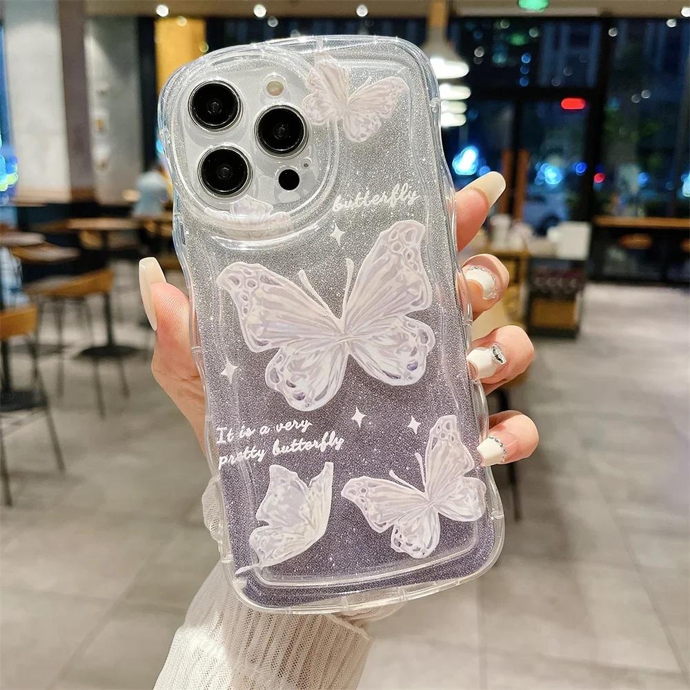 Glitter Butterfly Gradient Lanyard Case For iPhone 14 13 15 16 Pro Max 12 11 X Xr Xs 8 7 Plus Hand Wrist Chain Soft Wave Cover