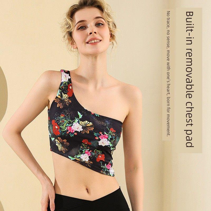 Export New European and American Print Yoga Clothes Vest Sports Bra Oblique Shoulder Gym Intimates Running Outfit Women's Top