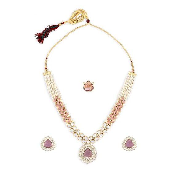 Pink Purple Stones Embellished Kundan Necklace Earring & Ring Set For Women