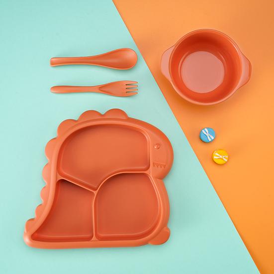 4Pcs/Set Dinner Plate Dinosaur-Shaped Divided Plate Including Bowl Spoon Fork Ergonomic Baby Feeding Utensils Easy to Clean Safe for Kids