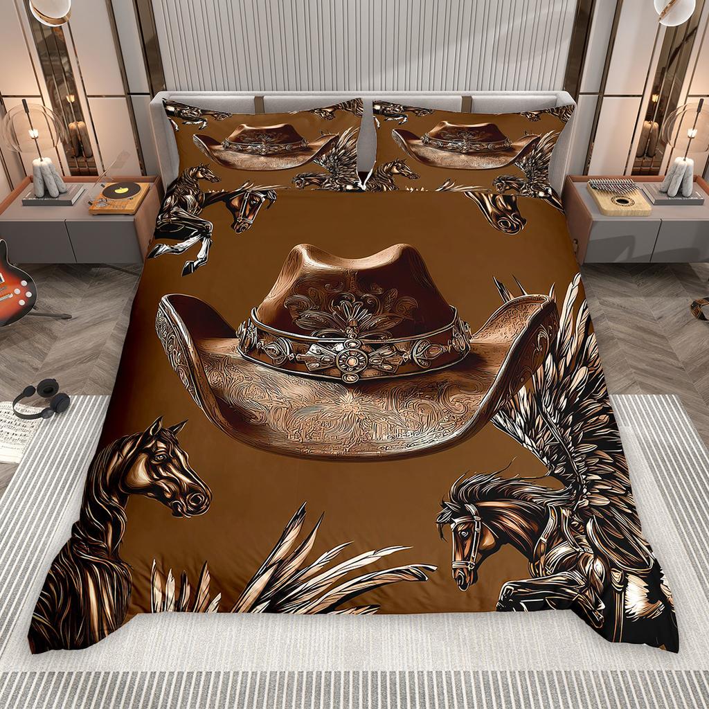 Homewish Southwestern Cowboy Cowgirl Duvet Cover Set 2pcs/3pcs, Rustic Texas Star Bedding, Retro Hat Boots Quilt Cover Set