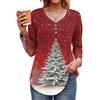 Women's Fashion Casual Christmas Tree Print V-Neck Decorative Button Long Sleeve T-Shirt Top