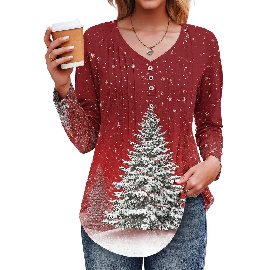 Women's Fashion Casual Christmas Tree Print V-Neck Decorative Button Long Sleeve T-Shirt Top