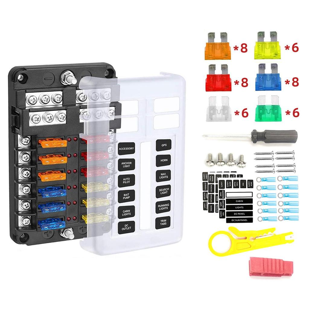 12 Circuit Fuse Block, Fuse Box Fit for Marine Automotive Car Vehicle