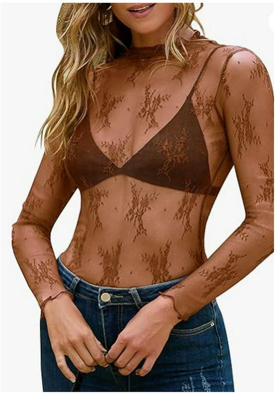 Women's Mesh Lace Layered Stand Collar See-through Top.