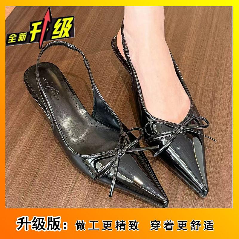 2025 spring and summer French pointed head bow temperament fashion light mouth empty bag head medium heel high heels women's sandals