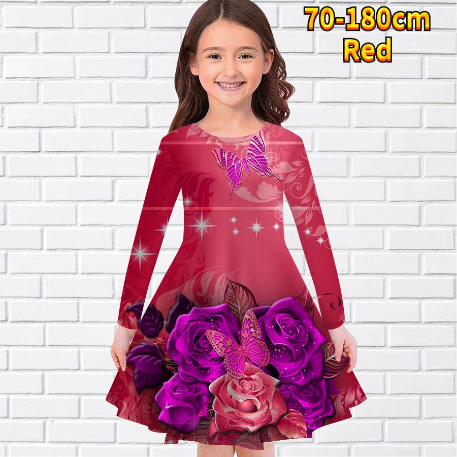 

Girl Casual Rose Bush Butterfly Print Round Neck Long Sleeve Dress Kid Princess Dress