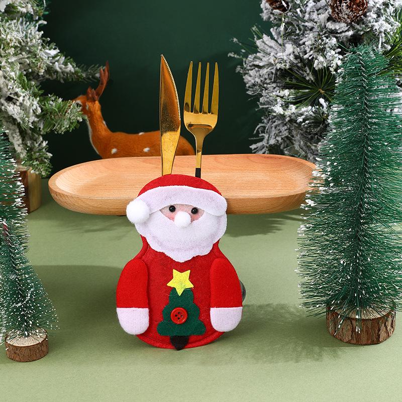 Christmas Table Decoration Set: Santa & Snowman Cutlery Covers, Knife & Fork Hats, Wine Bottle Covers