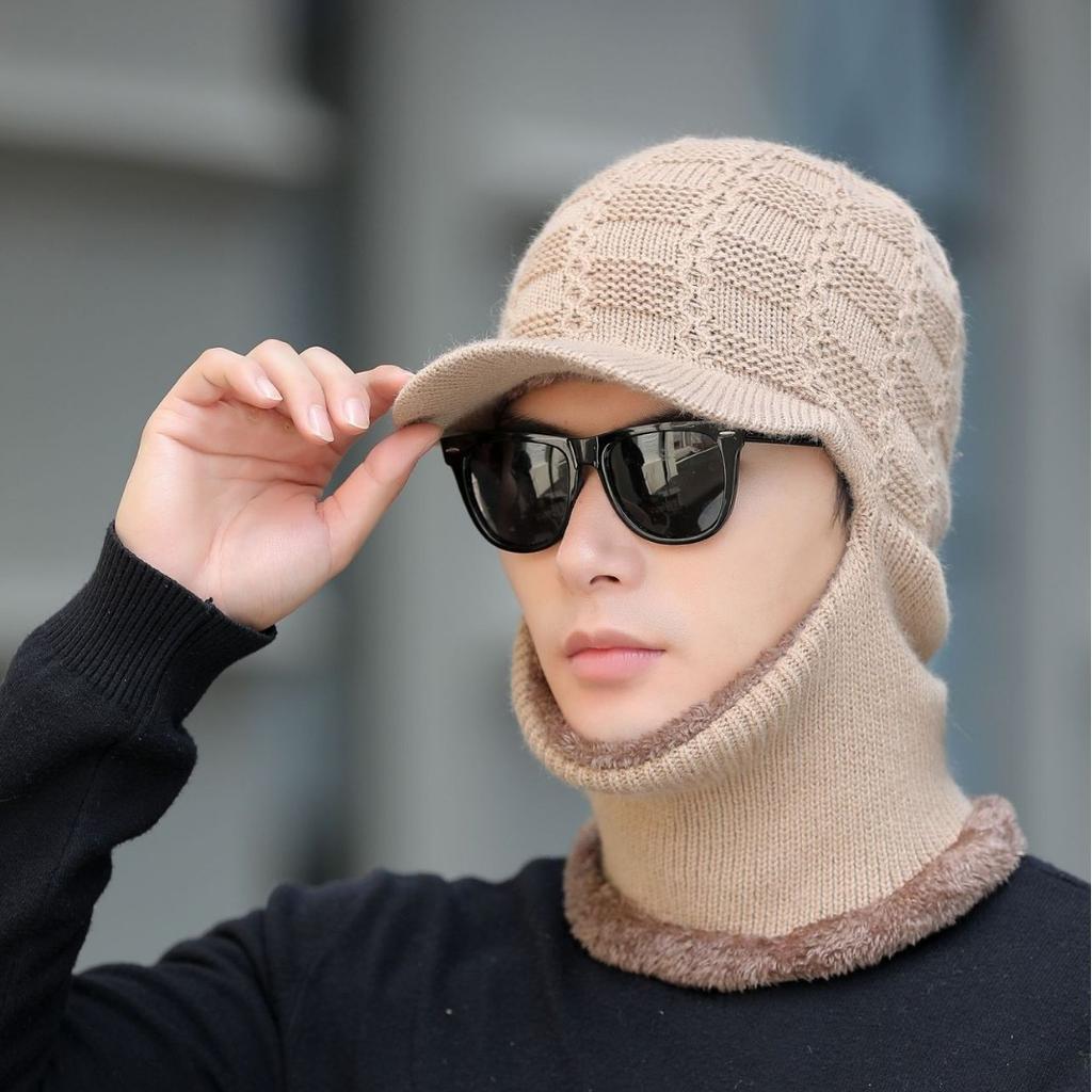 Men's Knitted Hat Winter Outdoor Veneer Cold Proof Wool Hat Plus Velvet Warm Cold Hat Thick Hat