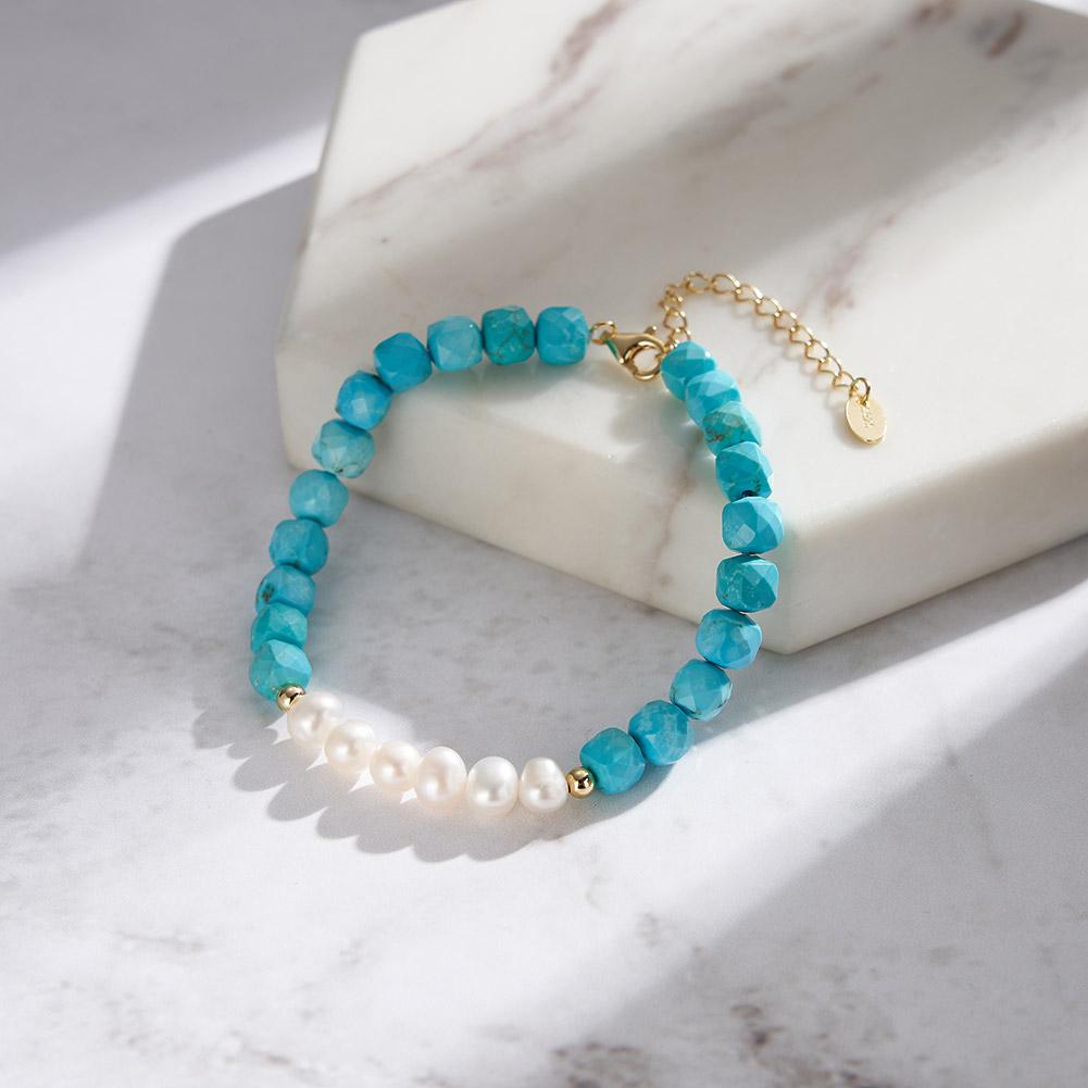 Simple S925 Sterling Silver Bracelet 4.8mm Turquoise Loop Chain Baroque Natural Freshwater Pearl Bracelet for Girls