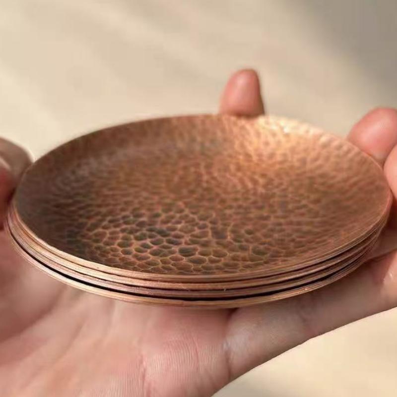 Mini Vassoio Vintage Tazza da Caffè in Rame Rosso, Texture Martellata Incisa Stoviglie per Colazione in Casa, Piatto Snack Decorazione Tavola