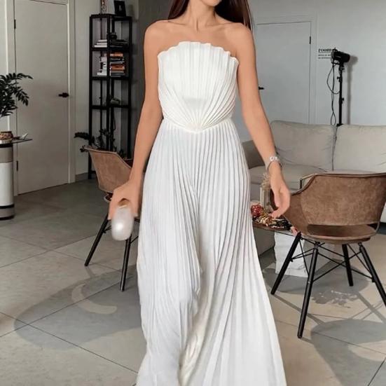 Summer Pleated Chiffon Dress for Women Shell Design Strapless Tube Top Maxi Flowy Dress Backless Formal Wedding Guest Dress