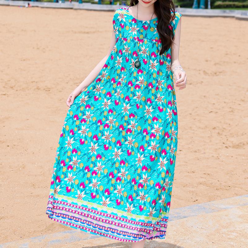 Casual Beach Dresses for Woman Plus Size Loose Vintage Print Long Sleeveless Dress Summer Women's Clothing