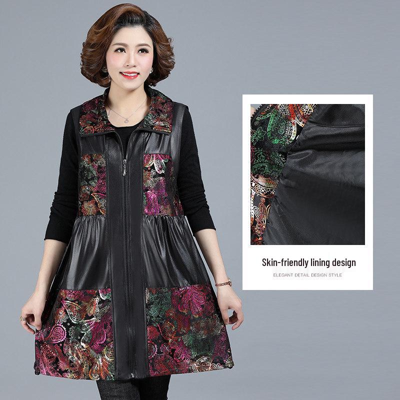 Stylish Plus Size Mid-Length Leather Vest for Middle-Aged and Elderly Women – Spring and Autumn, Lightweight and Noble, Loose Fit
